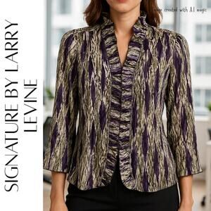 SIGNATURE BY LARRY LEVINE Purple & Green Print Button Down Blouse, L